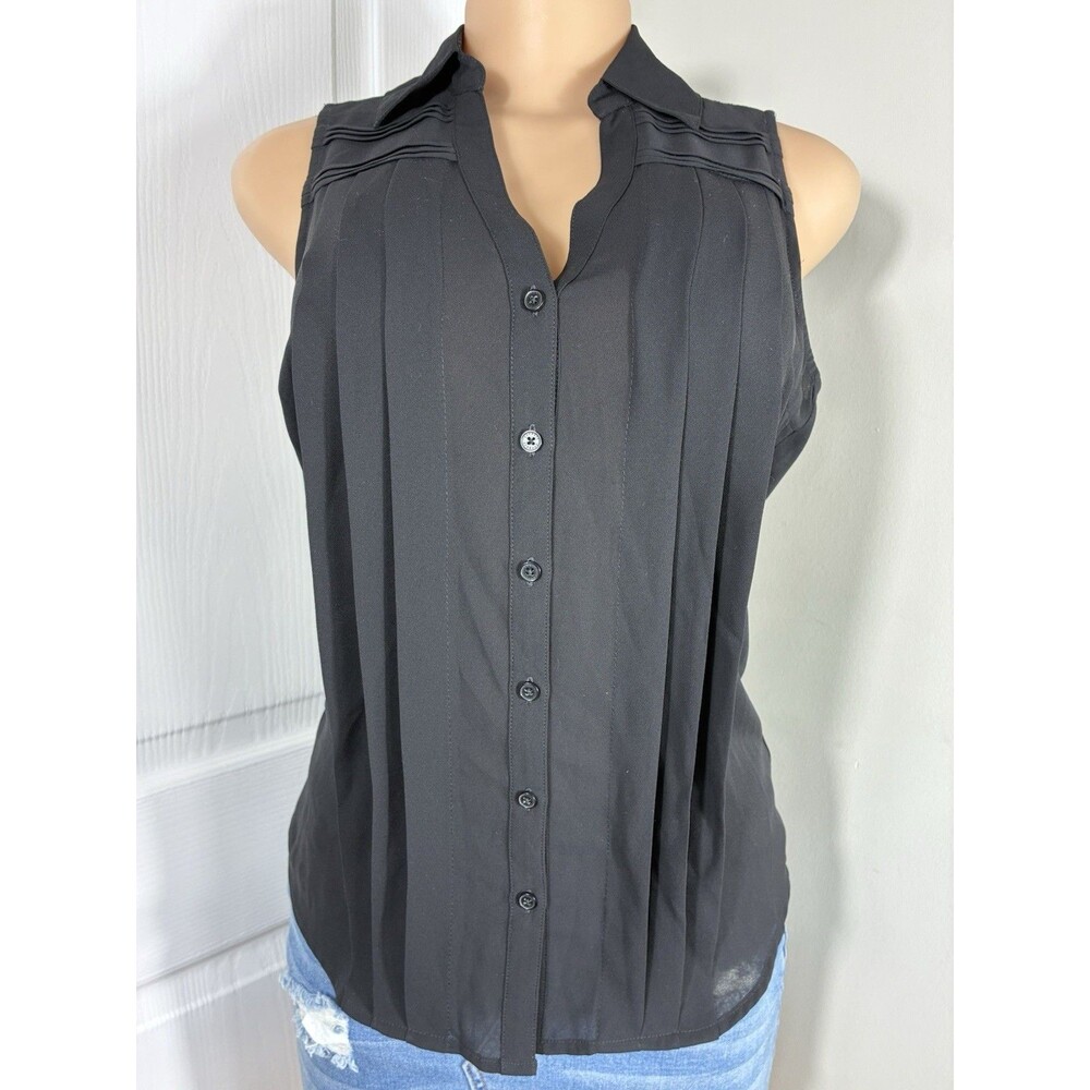 Express Womens Blouse Sz XS Black Pleated Sleeveless Curved Hem Business Casual
